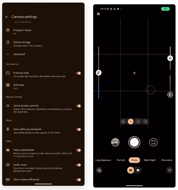 Quick access controls google camera