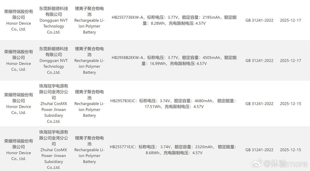 Honor Magic V6 battery info in 3C leak certification