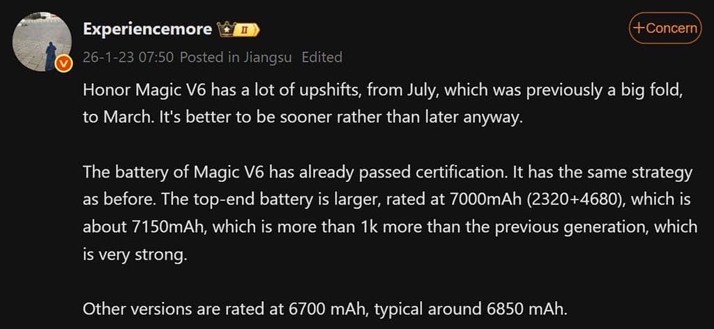 Honor Magic V6 tipster