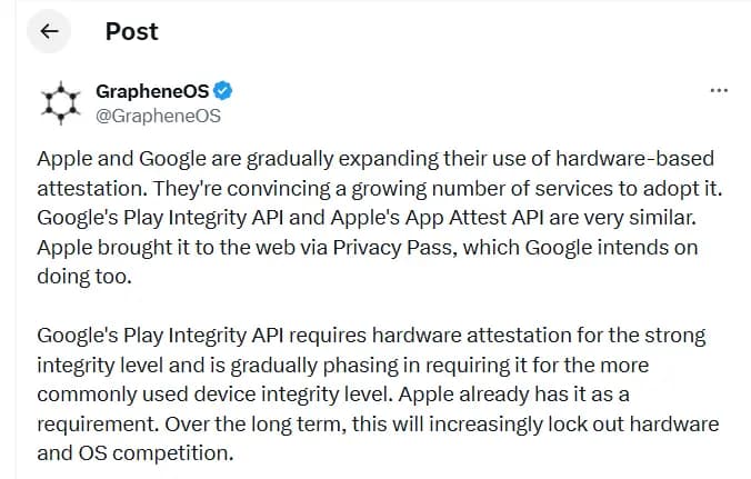 GrapheneOS Accuses Google and Apple of Locking Out on X