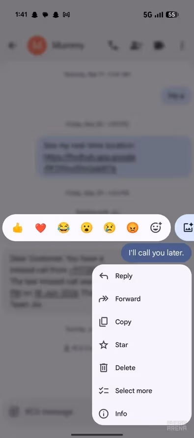 google messages long press menu