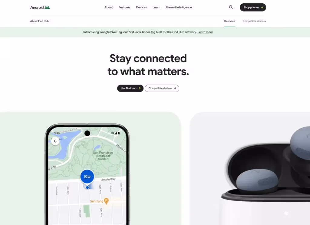 Android Find Hub home page - find a lost Android