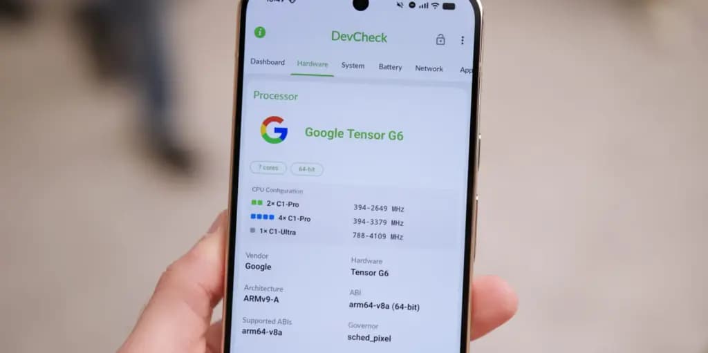 DevCheck app displaying Tensor G6 information on the Google Pixel 11 Pro XL.
