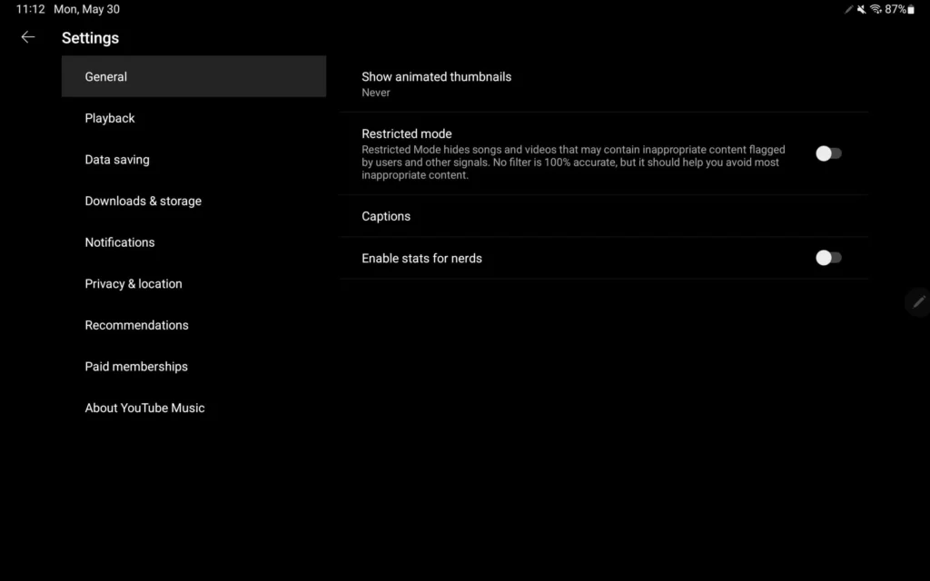 YouTube Music settings tablet 2 2