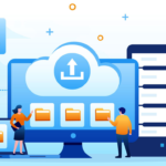 backup a group of people standing next to a computer