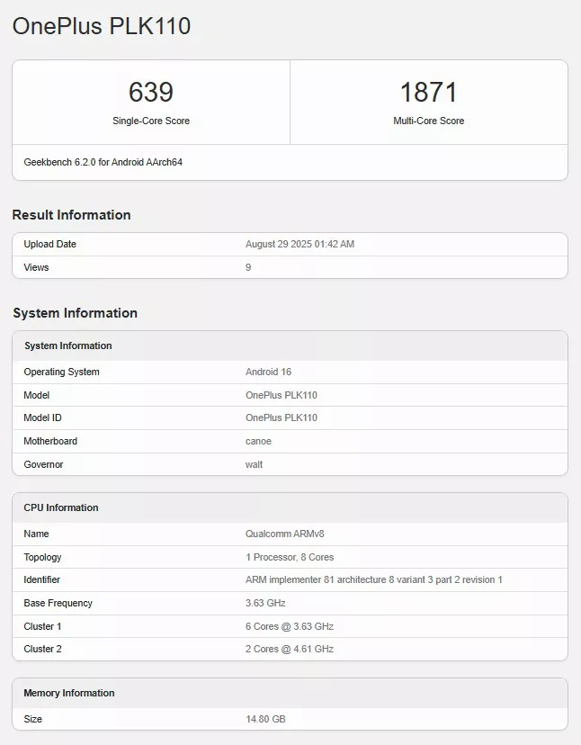 OnePlus 15 specs leaked on Geekbench: 16GB of RAM, Snapdragon Elite 2 and Android 16 2 Oneplus 15 benchmark before release