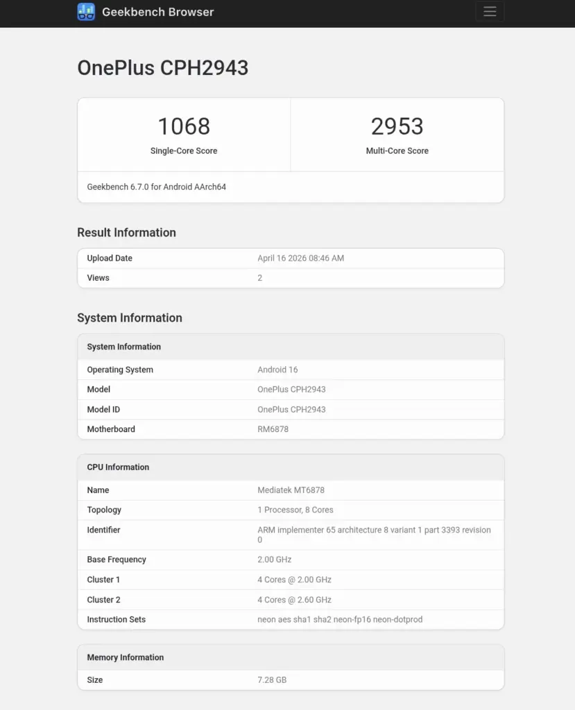 OnePlus Nord CE 6 Lite Spotted on Geekbench with MediaTek Dimensity 7400 Chipset