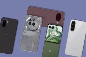 five smartphones from google samsung oneplus nothing and motorola arranged on a blue background