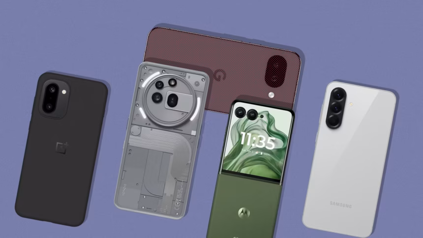 five smartphones from google samsung oneplus nothing and motorola arranged on a blue background